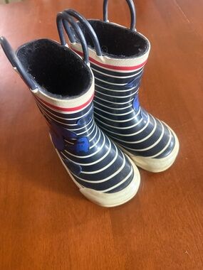 Children's Navy Striped Rain Boots with Whale Accent